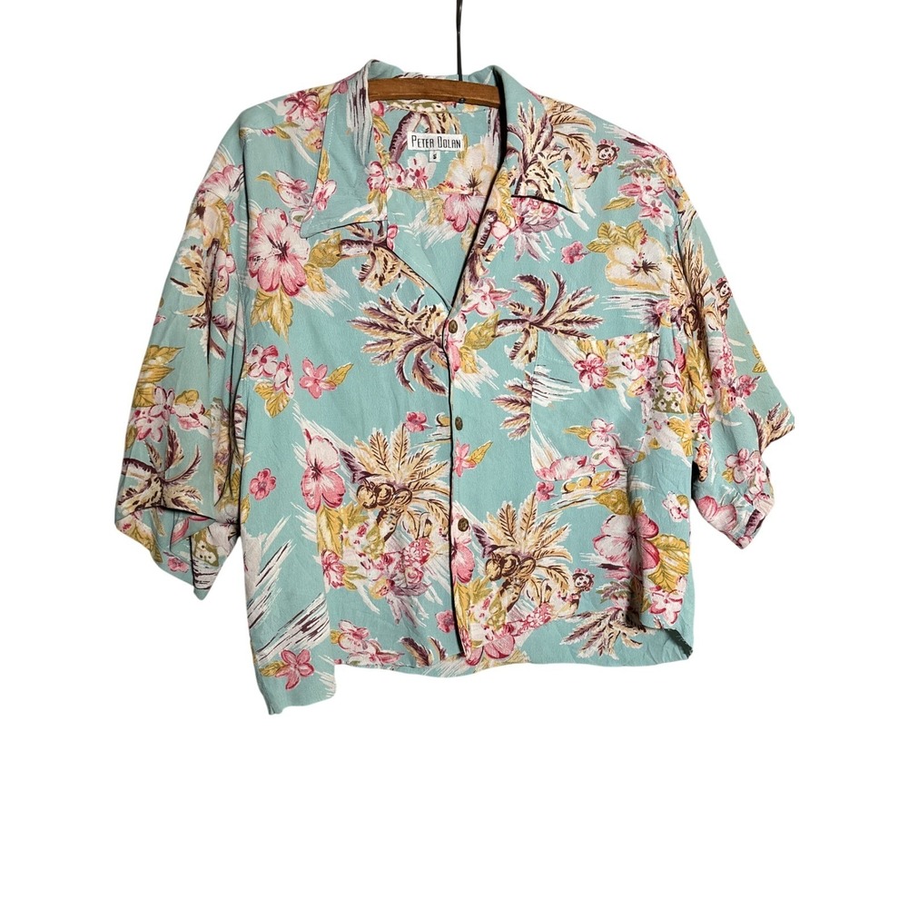 Peter Dolan Tropical‎ Hula Girl Floral Camp Shirt Teal Short Sleeve Button Up S